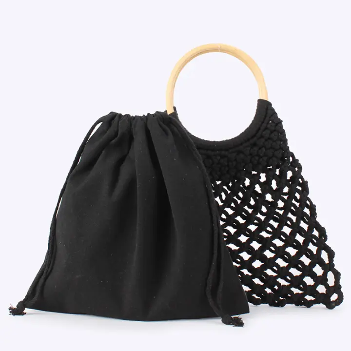 MOV Bolso de moda tejido a mano con cuerda de algodón, bolso de malla para viajes a la playa, bolso de mujer calado de color liso - 1
