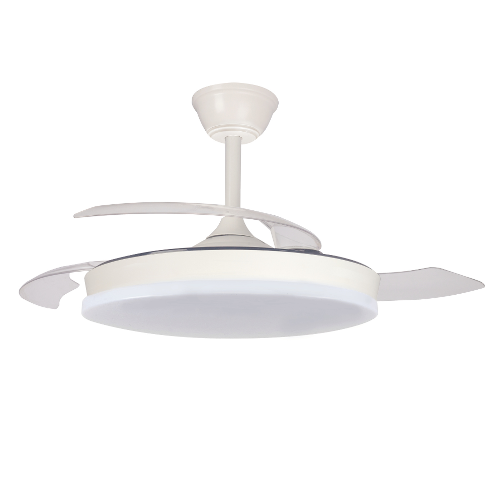AkunaDecor- Ventilador de Techo Arpon Blanco con Aspas Retráctiles, Motor DC Ultra Silencioso, LED Regulable CCT 3 Tonos de Luz, 6 Velocidades, Función Verano Invierno, Temporizador, Mando y Smart App según modelo, 91cm 107cm 122cm y music. muy silencioso