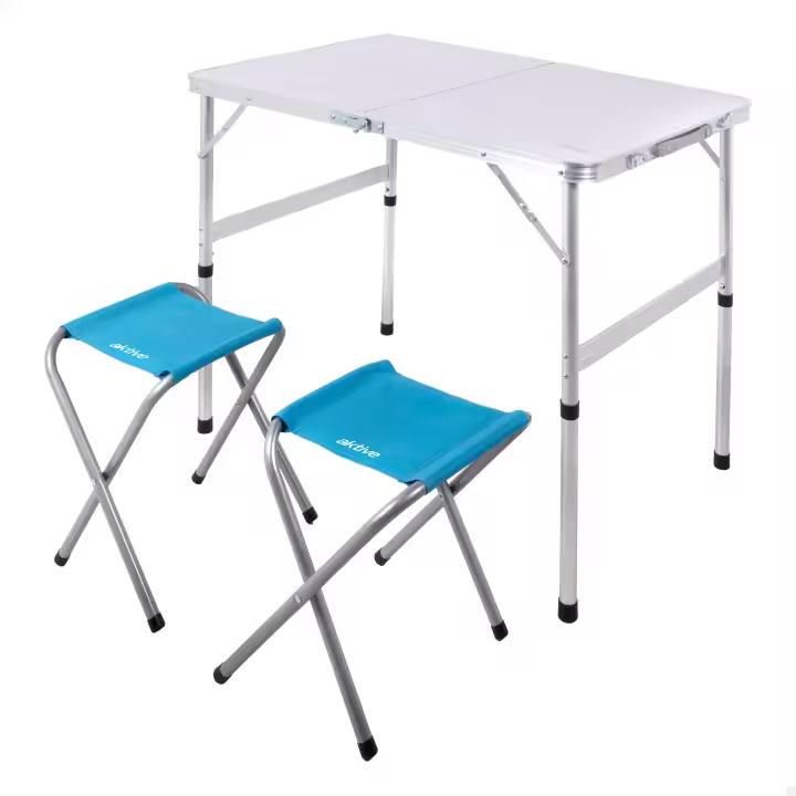 Aktive - Mesa plegable camping, mide 90x60 cm, tipo maletín, altura regulable 40/70 cm, topes antideslizantes, cierre de seguridad, estructura resistente aluminio, incluye 2 taburetes plegables - 1