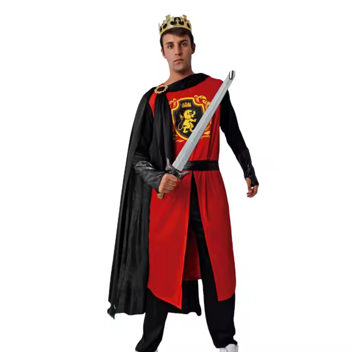 Disfraz medieval del Rey Arturo Niño y Adultos, Rojo, con túnica, capa negra,pantalon y cinturon,Disfraz medieval de Reina con Vestido roja y cinturon - 1