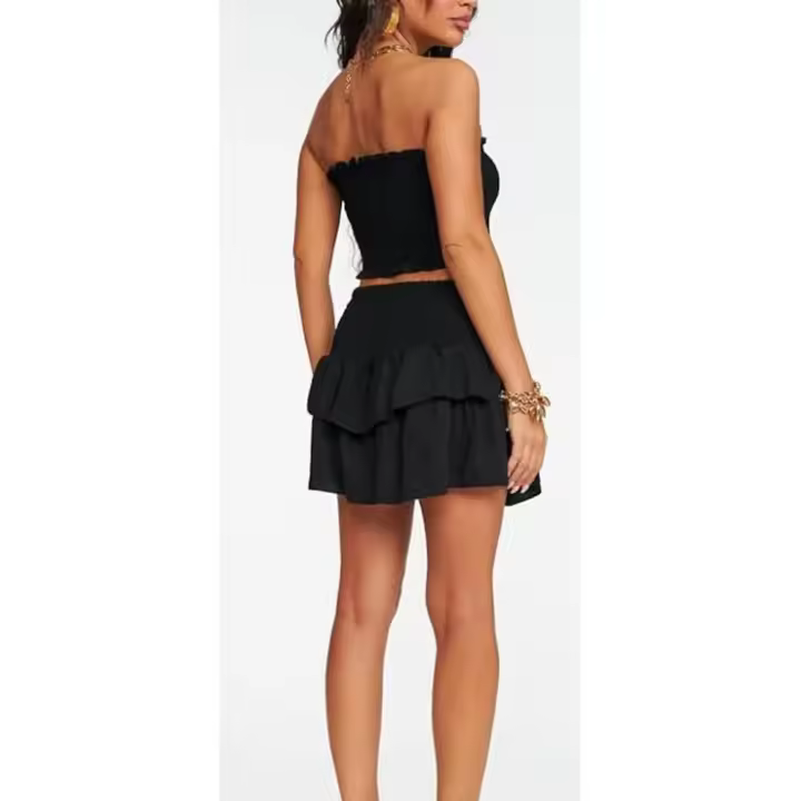 Conjunto de Mujer Dos Piezas, Top sin Tirantes y Falda con Volantes, Tejido Suave, Talla Única 36-40, Gris - 1