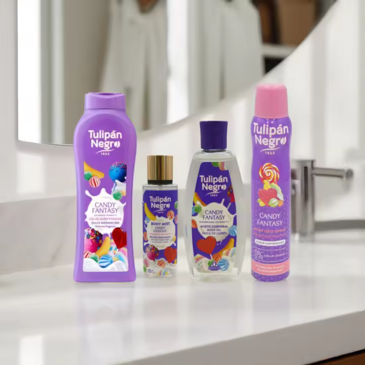 Caramelo Tulipán Negro pack 4 productos de cuidado corporal gel, bruma corporal, aceite y desodorante aroma dulce y dulce - 1