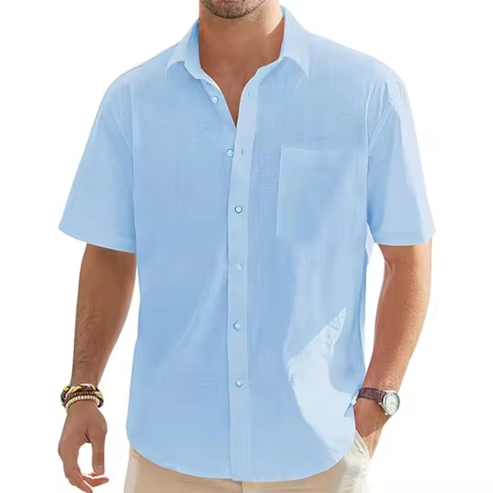 Camisa De Hombre De Algodón Y Lino Casual Manga Corta Con Botones Y Bolsillo Para Vacaciones Playa Verano Ligera Y Transpirable - 1