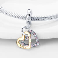 Encantos De Plata De 925 Doble Corazón Para Pulsera Joyas De La Suerte Para Mujer Regalos De Joyería Con Zirconia Irregular - details 2
