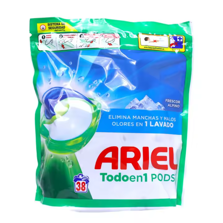 Detergente en cápsulas ARIEL Todo en 1 Pods Frescor Alpino – 38 lavados, elimina manchas y malos olores en frío - 1
