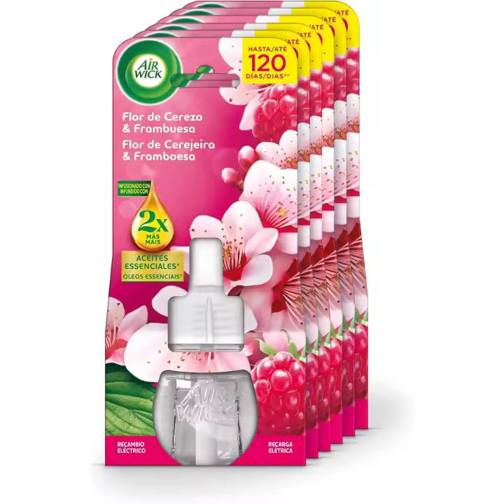 Air Wick Eléctrico - Recambio de Ambientador para casa, aroma a Flor de Cerezo y Frambuesa - Pack de 6 recambios - 1