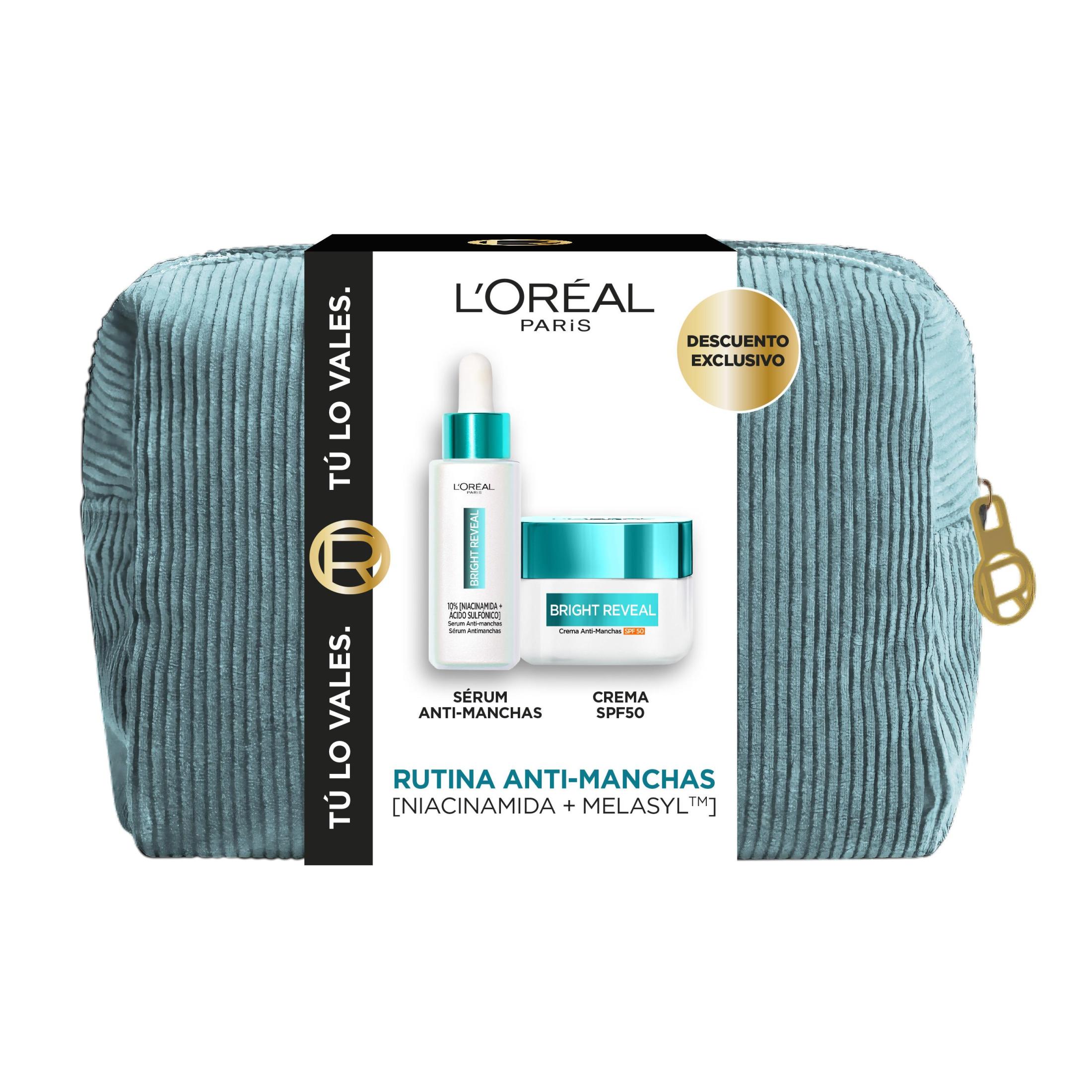 L’Oréal Paris | Set de Navidad, Bright Reveal, Sérum Iluminador con Niacinamida 30 ml + Fluido Protector SPF 50 50 ml, Rutina Antimanchas para Piel Radiante, Suave, Uniforme y Visiblemente Más Luminosa