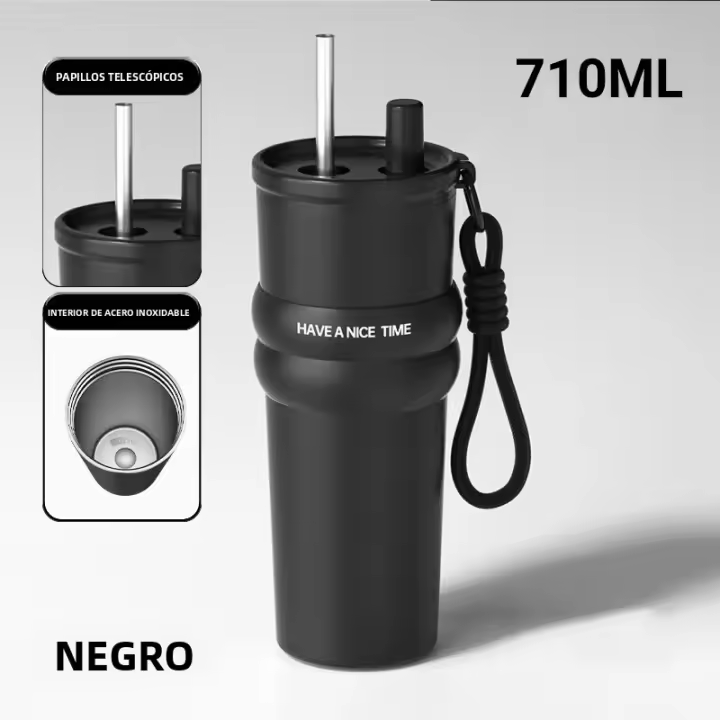 Botella De Agua Aislada Al Vacío De Acero Inoxidable Con Taza Y Tiras De Mordaza a Prueba De Fugas Para Bebidas Calientes Y Frías Portátil Para Viajes Y Deportes - 1