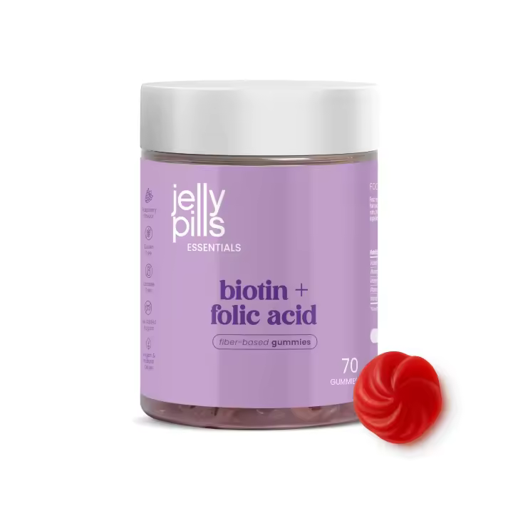 Jelly Pills Gominolas de Biotina 10.000 mcg con 520mcg Ácido Fólico y Zinc - 60 Gummies Veganas - Sin Azúcares Añadidos - Sabor Frambuesa Natural - 1