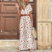 Vestido Bohemio De Manga Corta Con Cuello En V Y Cinturón Para Mujer Vestido Largo Floral Para Vacaciones De Verano - details 2