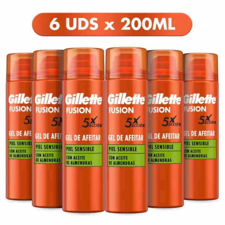 Gillette Fusion Gel de Afeitar Hombre para Pieles Sensibles Acción x 5, Pack 6 x 200 ml, con Aceite de Almendras, Limpia, Hidrata y Protege - 1