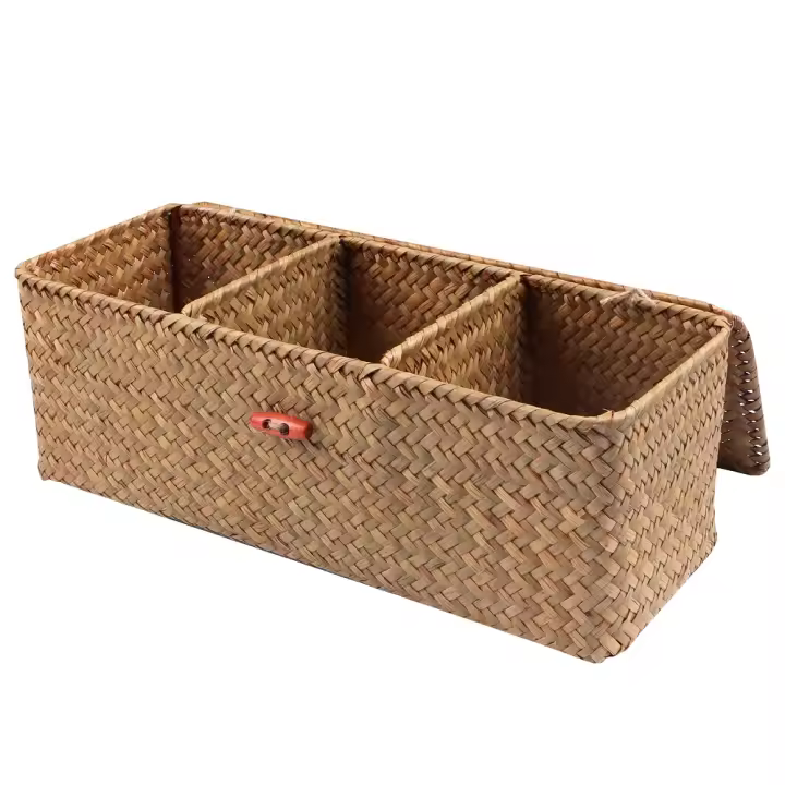Cesta De Almacenamiento Tejida a Mano Con Tapa Para Ropa Y Polvo Caja Rectangular Organizador De Sundries Con 3 Secciones - 1