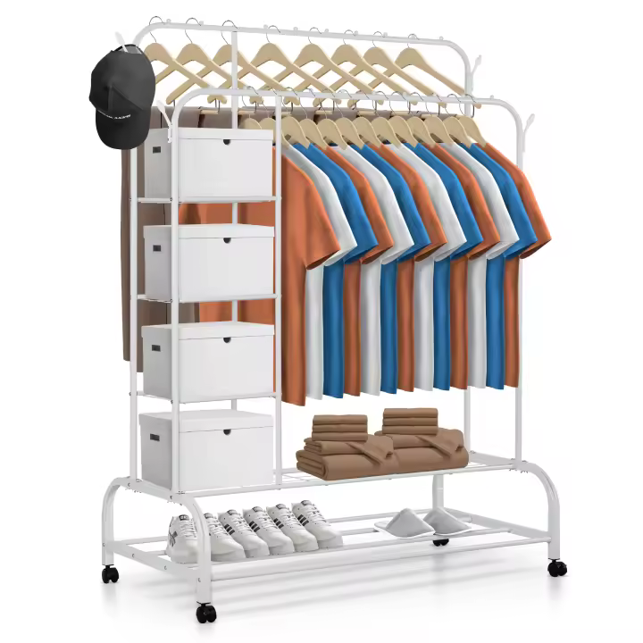 RELAXTY Burro Ropa Resistente Doble con Soporte, 146x110x54cm, Metálico, Perchero de Ropa con Zapatero - 1