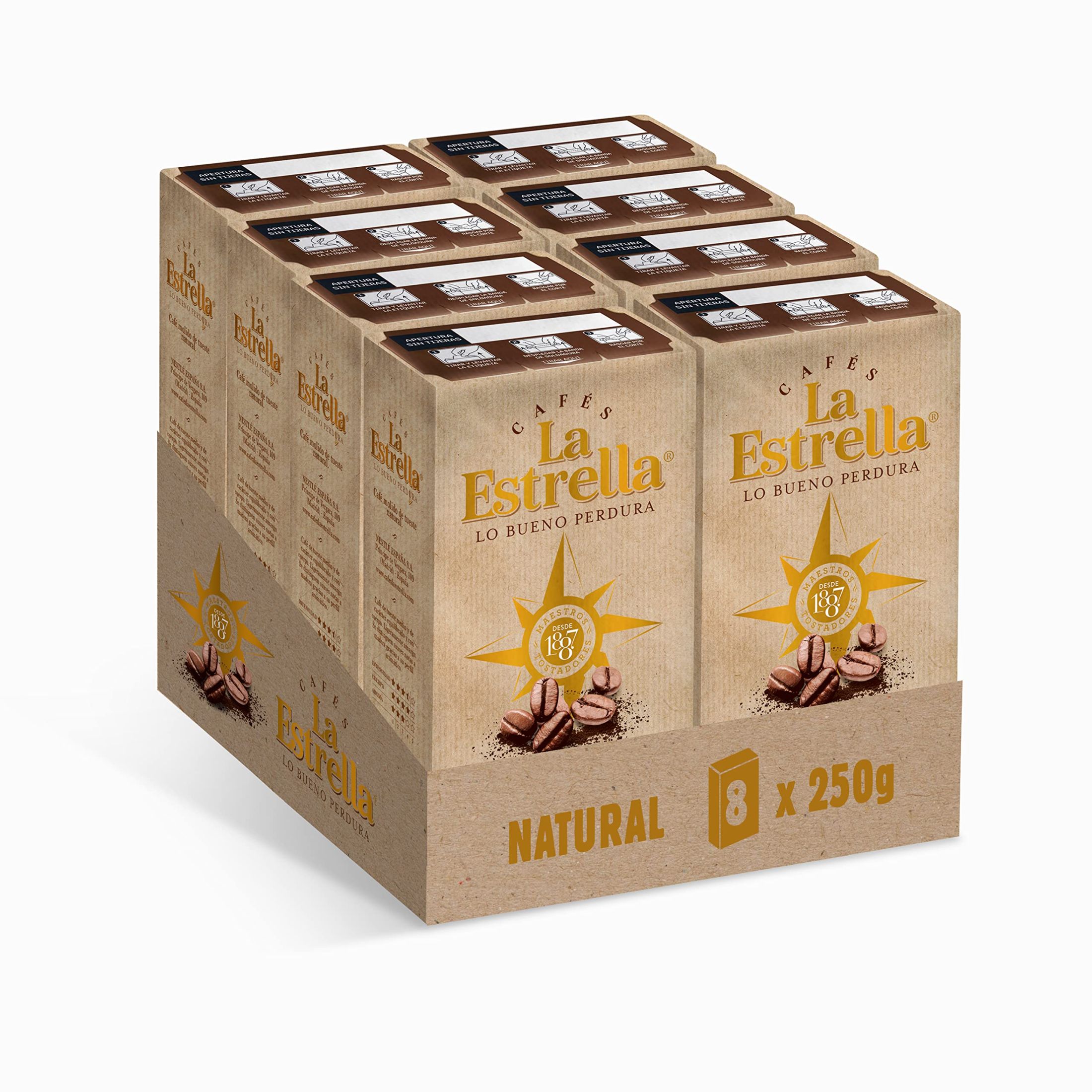 PACK de 8 - Café molido LA ESTRELLA Tueste natural, 8 paquetes, 2Kg total