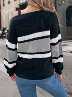 Suéter De Manga Larga Casual De Otoño E Invierno Para Mujer Con Rayas Y Color Contraste Hombros Descubiertos Cierre De Metal Ajustable - details 6