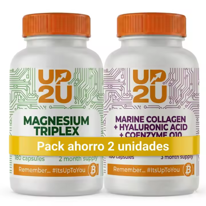 Pack Magnesio Complex (Biglicinato + Malato + Citrato) + Colágeno Marino Hidrolizado con Ácido Hialurónico, CoQ10, Zinc y Vitaminas – Recuperación Muscular, Articulaciones y Descanso – Pack 180 +180 Cápsulas – UP2U Nutrition - 1
