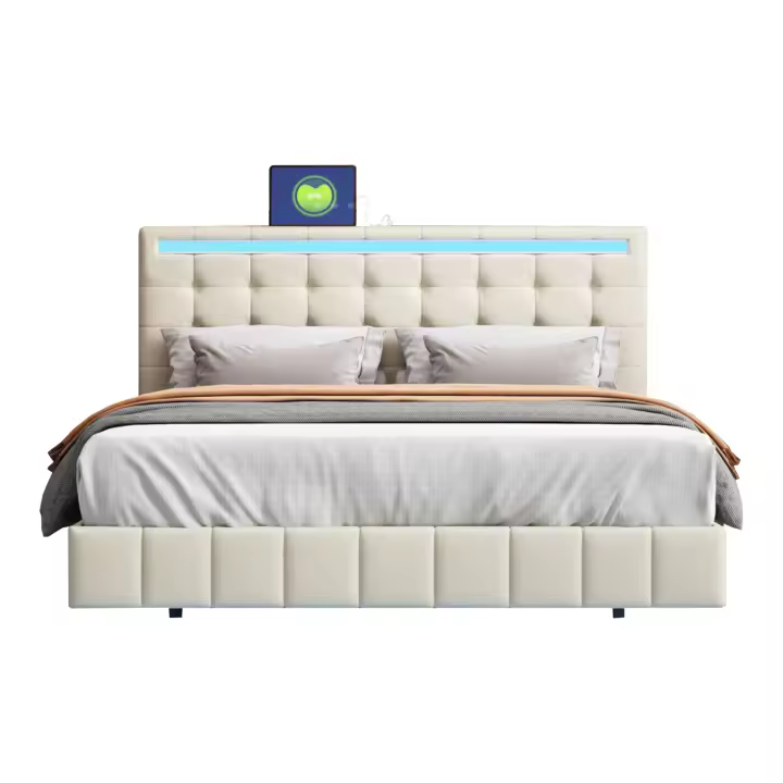 Cama Tapizada Flotante 140x200 cm con LED y Cabecero de Diseño, Lino Beige - 1