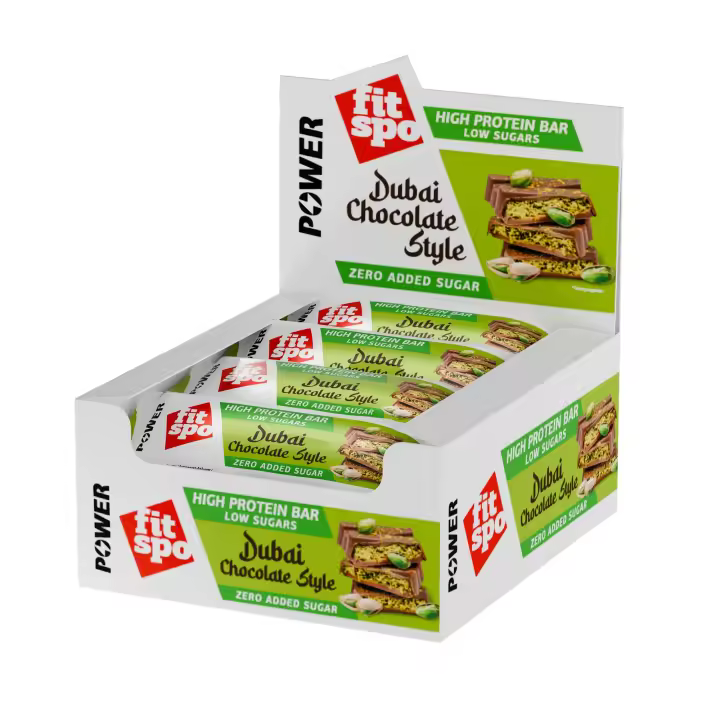 FITSPO Protein Bar Estilo Chocolate Dubái | FitSpo Power 50g x 12 unidades - 0% azúcar añadido / 30% proteína / con Péptidos de colágeno - 1