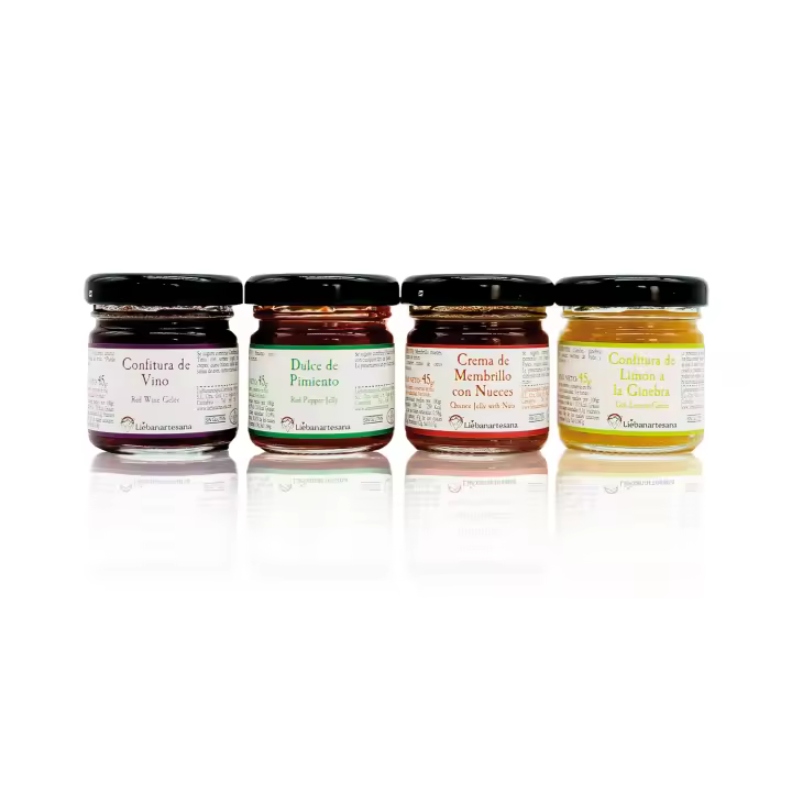 Pack Especial LIEBANARTESANA para Acompañar Quesos – 4x45g con Confitura de Vino, Dulce de Pimiento, Crema de Membrillo con Nueces y Confitura de Limón a la Ginebra – Natural y Tradicional de Cantabria - 1