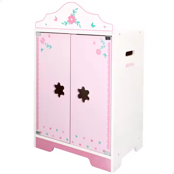 WOOMAX - Armario para ropa de muñecas, color blanco y rosa, armario de madera para muñecas, mide 34x23x55 cm, incluye perchas de juguete, puertas con cierre magnético, juego simbólico, juguetes infantiles, juegos para niños de 3 años, - 1