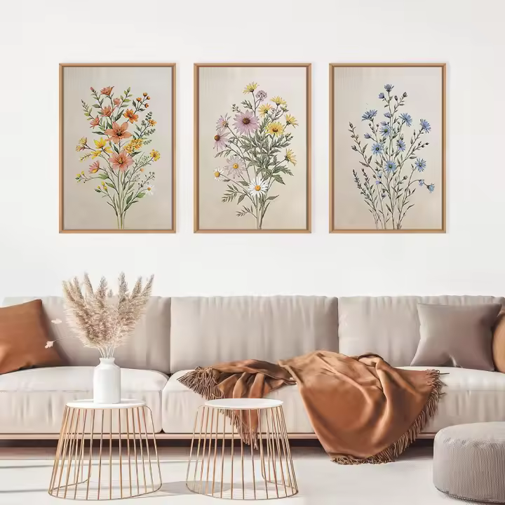 3pcs/set Arte De Pared En Lienzo Bohemio Floral Retro Moderno Minimalista Para Sala De Estar Decoración Del Hogar Estilo Clásico - 1