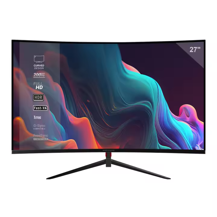 Mars Gaming MV-27C, Monitor Gaming Curvo 27” FHD 1080p 200Hz, HDR10 1ms, FreeSync y G-Sync, Monitor PC Sin Marco, Inclinación 20°, Low Blue Light y Flicker Free, HDMI + DisplayPort + Jack 3.5mm, Monitor PC Negro o Blanco - 1