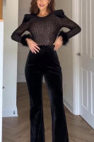 Nueva Moda Mujer Traje De Dos Piezas De Veludo Dorado Con Cuello Redondo Y Manga Larga Slim Fit Color Sólido Sexy Para Todas Las Estaciones - details 5