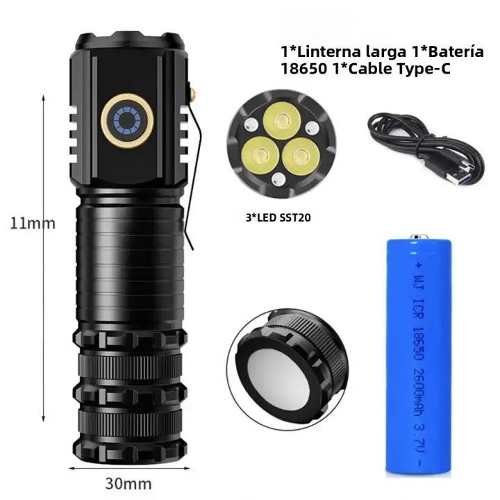 Linterna Mini LED Recargable XHP50 1500lm Fuerte Puede Apagarse Con Un Click Iluminación Al Aire Libre Impermeable Distancia De Iluminación > 500 Metros Aleación De Aluminio Negro - 1