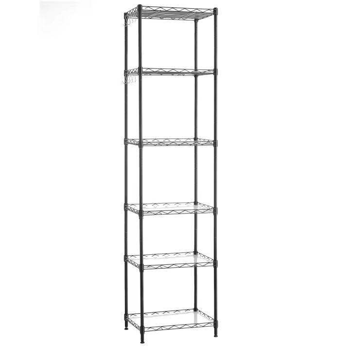 SONGMICS Estantería Metálica de 6 Niveles, Estanteía de Malla con Estantes Ajustables, Paneles de PP, 8 Ganchos, Carga Máxima de 120 kg, para Salón, Garaje, Plata/Negro - 1
