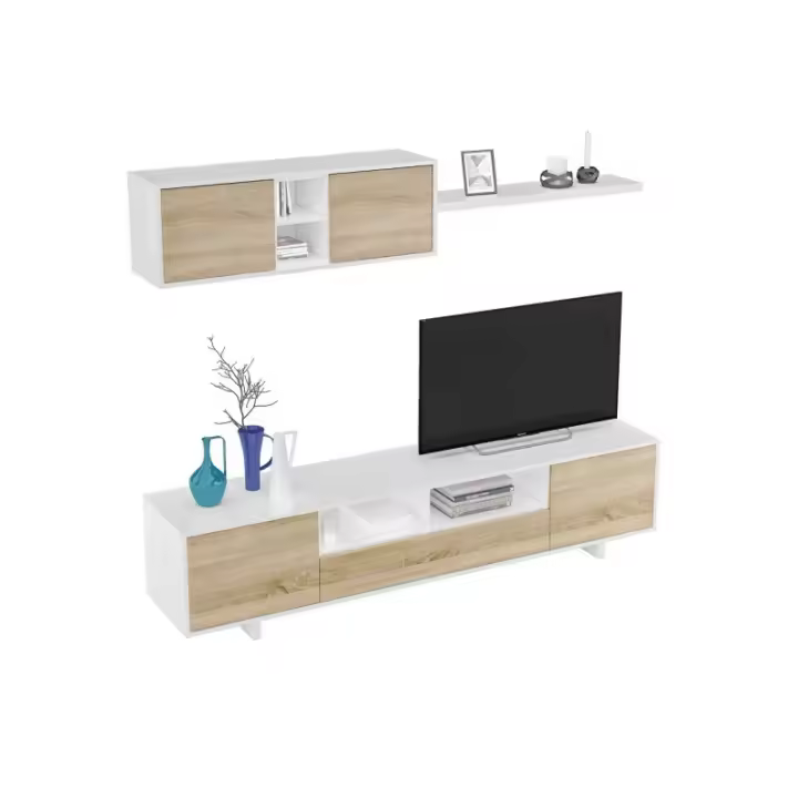 MOBELCENTER - Mueble salón Moderno Belus - Módulo TV, Módulo Superior y Estante - Blanco Brillo y Roble Canadian - 200 cm x 46 cm x 41 cm - (1086) - 1