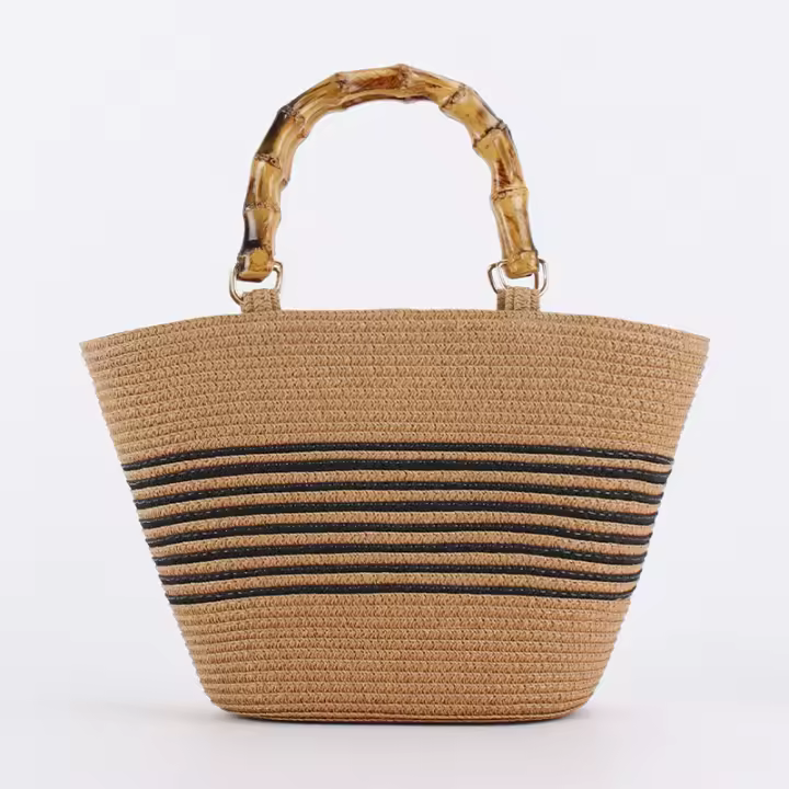 MOV Bolso tote tejido con asa de bambú sintético a rayas y bloques de color, estilo casual, sencillo y único, ideal para la playa o las vacaciones. - 1