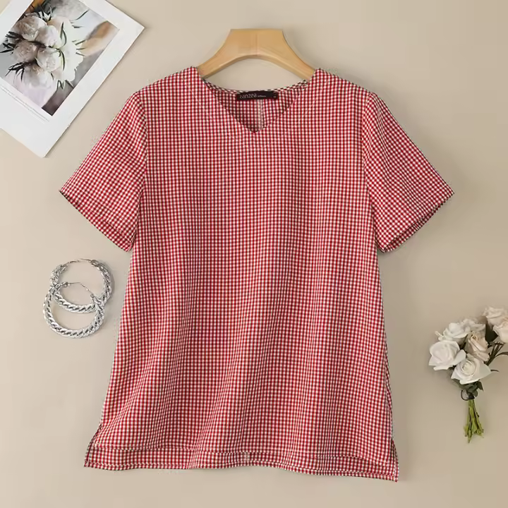 Blusa a Cuadros ZANZEA Para Mujer Verano Manga Corta Cuello V Casual Ligera Tops De Verano Blusas Para Mujer OL Trabajo - 1