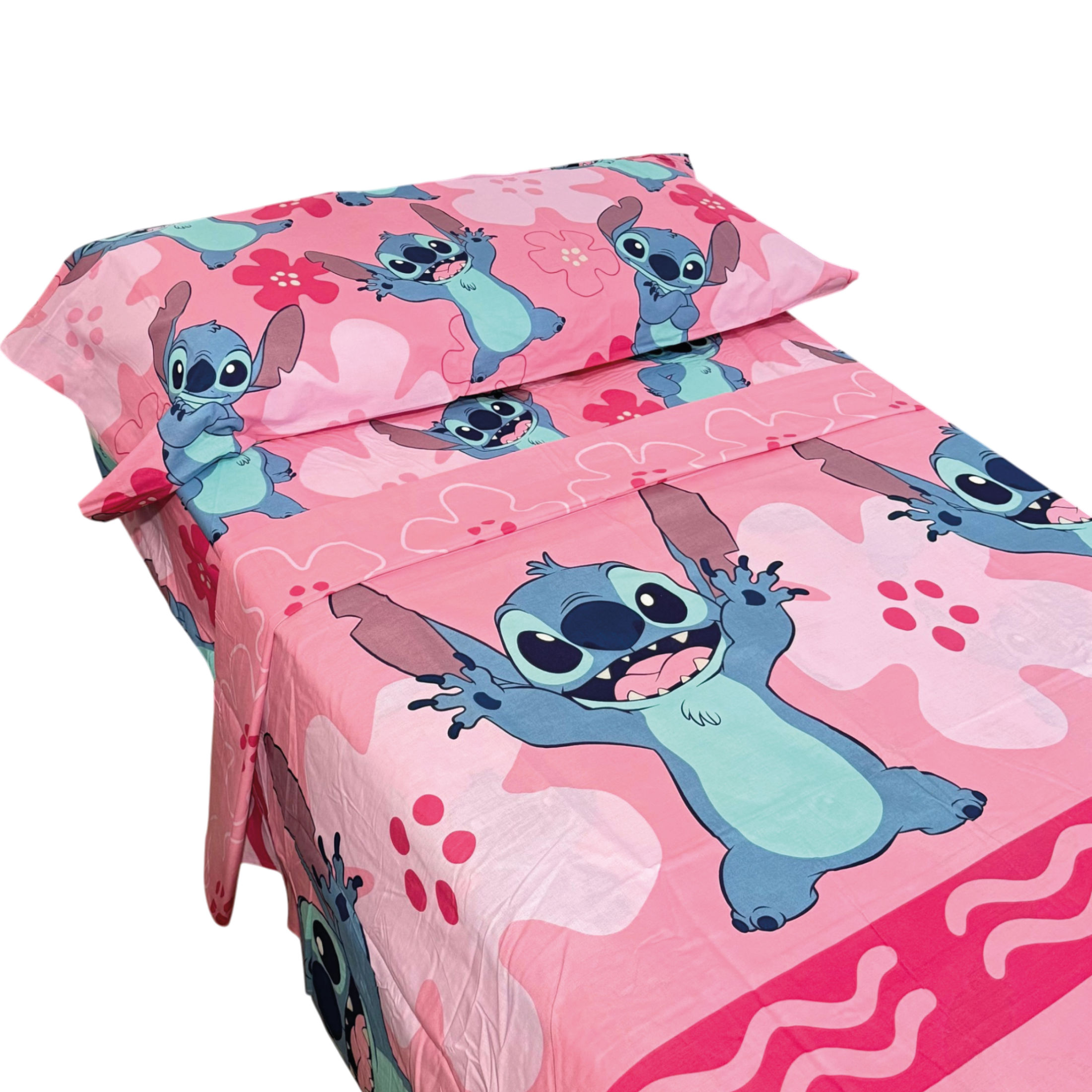 Stitch - Juego de Sábanas Verano Stitch Rosa Disney (3 piezas: encimera, bajera y funda de almohada) Oficial, Stich