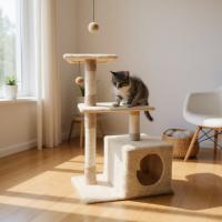 Árbol para Gatos Multifuncional de 3 Niveles con Cueva, Poste de Sisal y Juguete Colgante – Color Beige, Ideal para Espacios Pequeños, Marca Cottecota - details 0