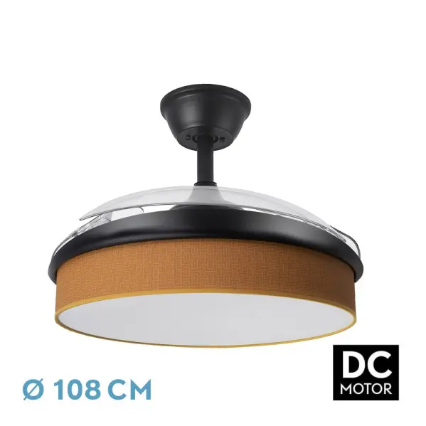 Abrila - Ventilador DC MODA | Color Negro con tres cuchillas desplegables ABS y difusor naranja | 6 velocidades ajustables | 3 temperaturas de luz | con Temporizador y Mando a Distancia Incluido - 1