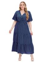 Vestido Bohemio Casual De Polka Dot Para Mujer plus Talla Con Vuelta Corta Y Cuello En V Traje De Verano De Polyester - details 14