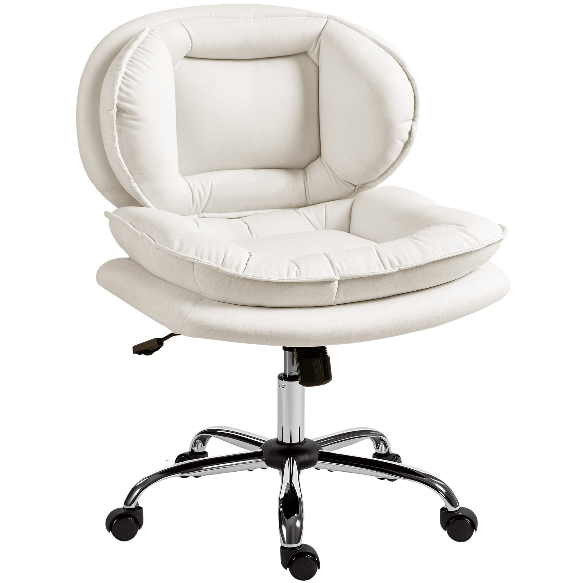 HOMCOM Silla de Oficina Piernas Cruzadas, Silla de Escritorio sin Brazos con Asiento Ancho, Ruedas, Altura Ajustable, Doble Acolchado, Giratoria, Función Basculante, Tapizada en PU