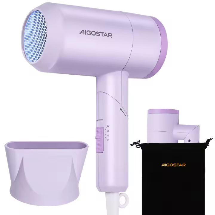 Aigostar Plegable Secador de Pelo de Viaje, Con Bolsa Antipolvo, Morado | 1800W Portátil Secador Pelo Ionico, 2 vel. de Aire Caliente + 1 de Aire Frío, Boquilla Desmontable, Protección Térmica