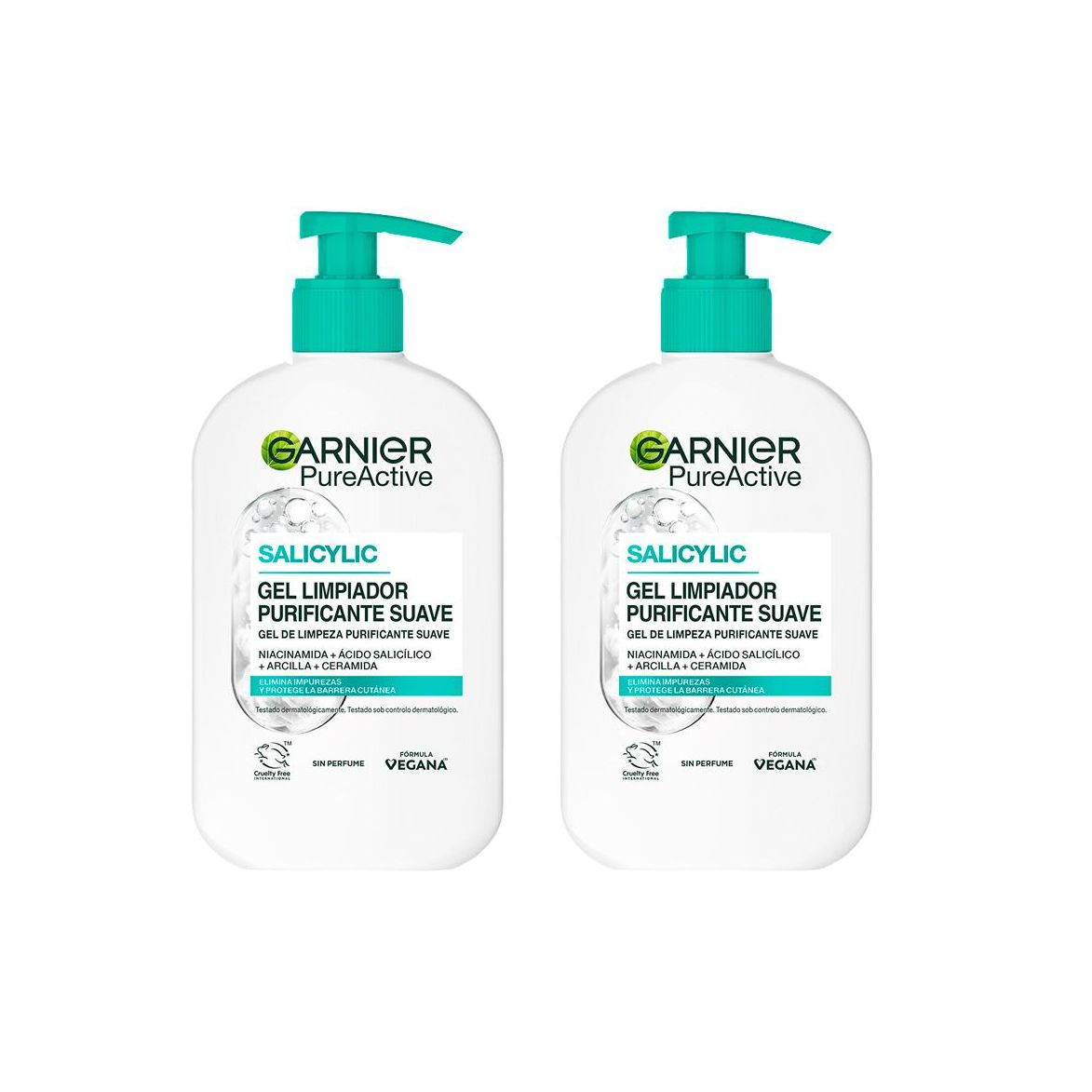 Garnier| Duplo Pure Active Gel limpiador Hidratante con Ácido Hialurónico, Ceramida y Arcilla elimina impurezas, grasa y maquillaje - 2x250ml