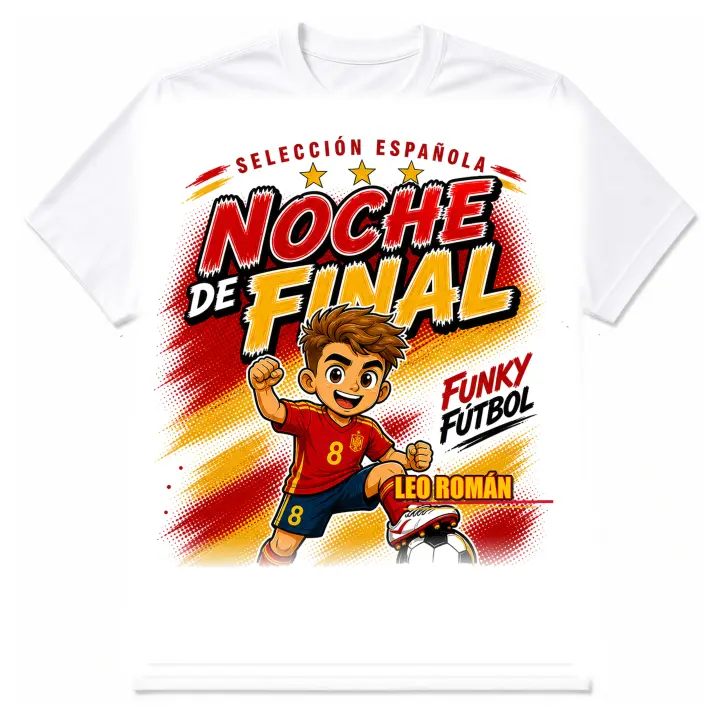 Stock Futbol Camiseta Blanca Selección Española 2026 Muñeco Funky Leo Román, Frase Noche de final, Diseño Fútbol Rojo y Amarillo para Afición España - Talla S - 1