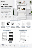 Carrito Almacenamiento Metálico Nyana Home 3 Estantes 85x44x37cm - Blanco Organizador Cocina Baño - Ruedas Giratorias 360º - details 0