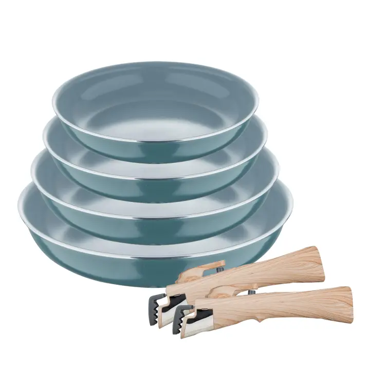 Juego de 6 pcs: 3 sartenes Ø18Ø20Ø24cm y 3 Cacerolas Ø16Ø18Ø20cm en aluminio prensado con revestimiento ILAG con 2 mangos extraibles - 1