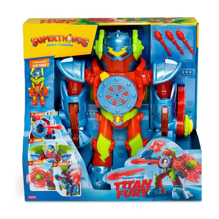 SUPERTHINGS KAZOOM Power–Titan Fury.Robot Titan Fury de Kid Fury de la Serie de TV. Con Espada,Escudo,alas y Disparador. Contiene Robot,Kid Fury Exclusivo y 3 Proyectiles - 1