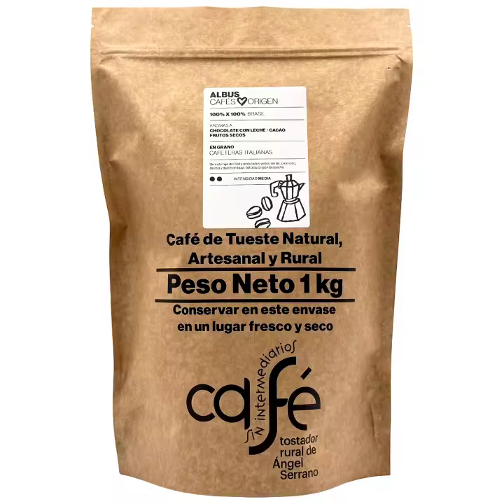 CAFÉ SIN INTERMEDIARIOS - 100% Brasil - Albus - Ideal para tomar solo - Intensidad de sabor Media - Recién tostado y envasado - 1 Kg Grano o Molido (Exprés, Filtro, Italiana, Americana, Superautomática) - 1