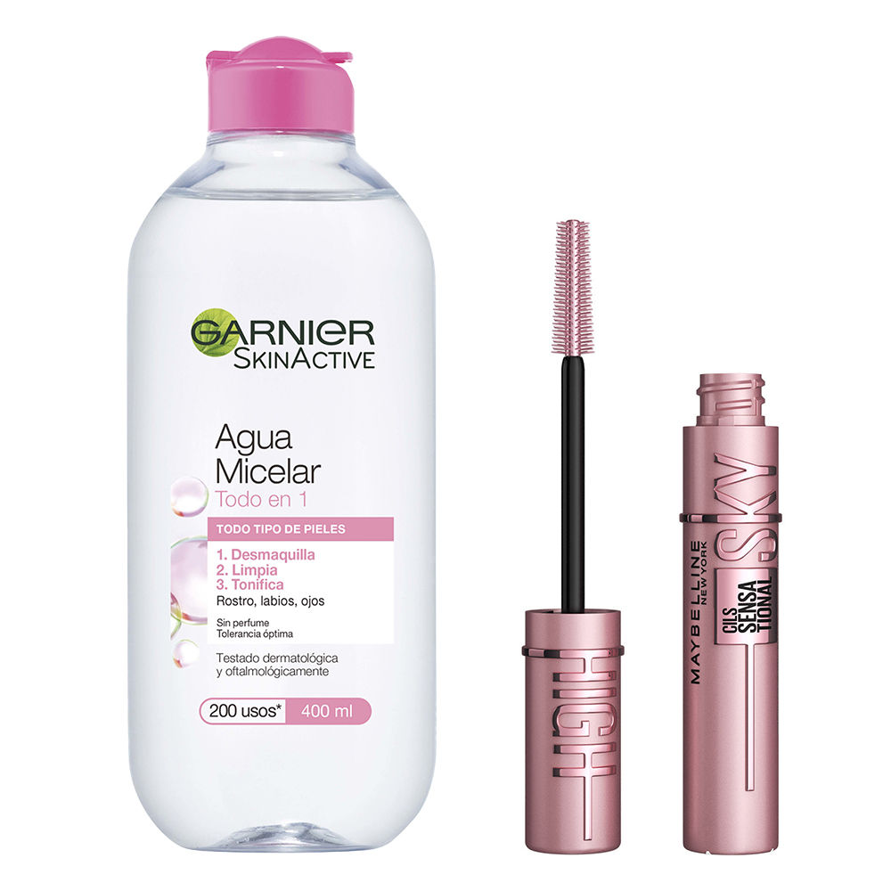 Maybelline New York | Lash Sensational Sky High máscara de pestañas. Pestañas con altura: Longitud sin límites. Volumen redefinido + GARNIER Skin Active Agua Micelar Clásica para pieles normales todo en uno - 400ml