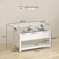 HOMCOM Mesa de Centro Elevable y Extensible, Mesa de Salón con Compartimentos Ocultos, Estante Abierto, para Comedor, Oficina, 100x90x64 cm, Blanco - details 2