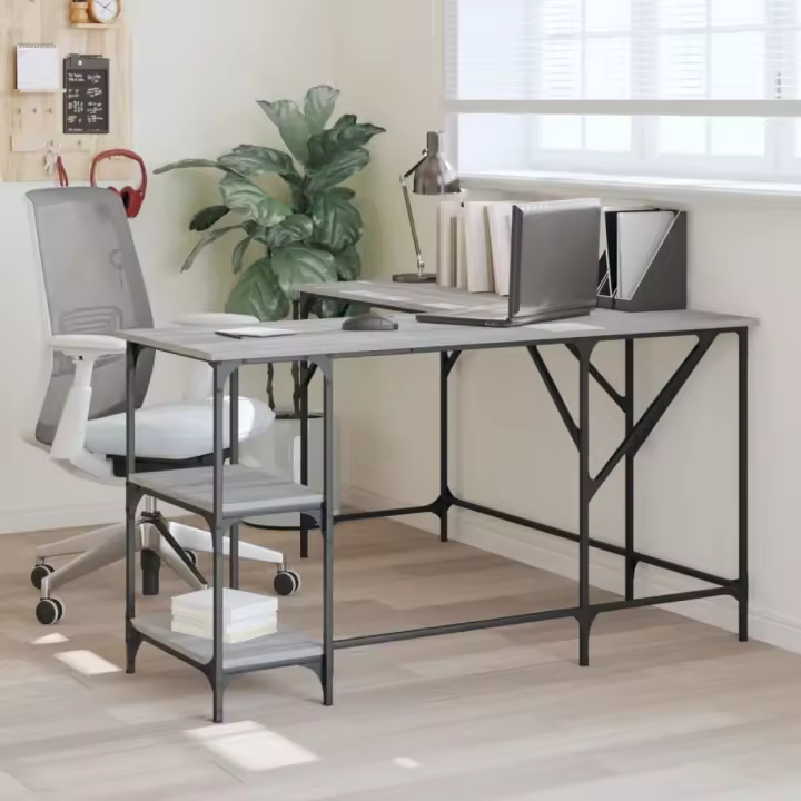 vidaXL Escritorio madera de ingeniería 139x139x75 cm en color Roble ahumado/Negro/Marrón roble y más | estructura resistente ideal para salón dormitorio o estudio - 1