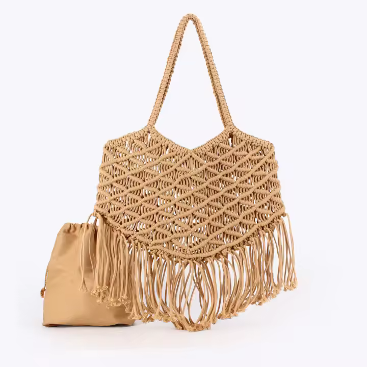 MOV Bolso de estilo bohemio tejido a mano con borlas de cuerda de algodón, ideal para vacaciones en la playa y para el día a día. - 1
