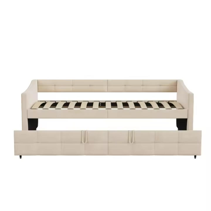 Sofá Cama Extensible 90 x 200 cm en Terciopelo Color Crema, Cama Nido 2 en 1 con Cama Auxiliar Extraíble, Estructura Metálica, Bolsillos Laterales y Diseño Acolchado - 1