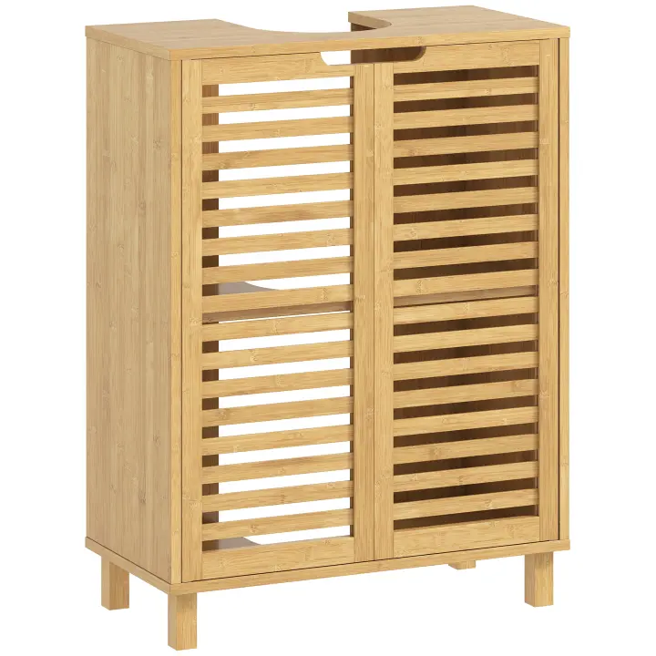HOMCOM Mueble Bajo Lavabo, Mueble de Baño con 2 Puertas de Lamas de Bambú, Estante Ajustable, para Lavabos con o sin Pedestal, 60x30x80 cm, Natural - 1